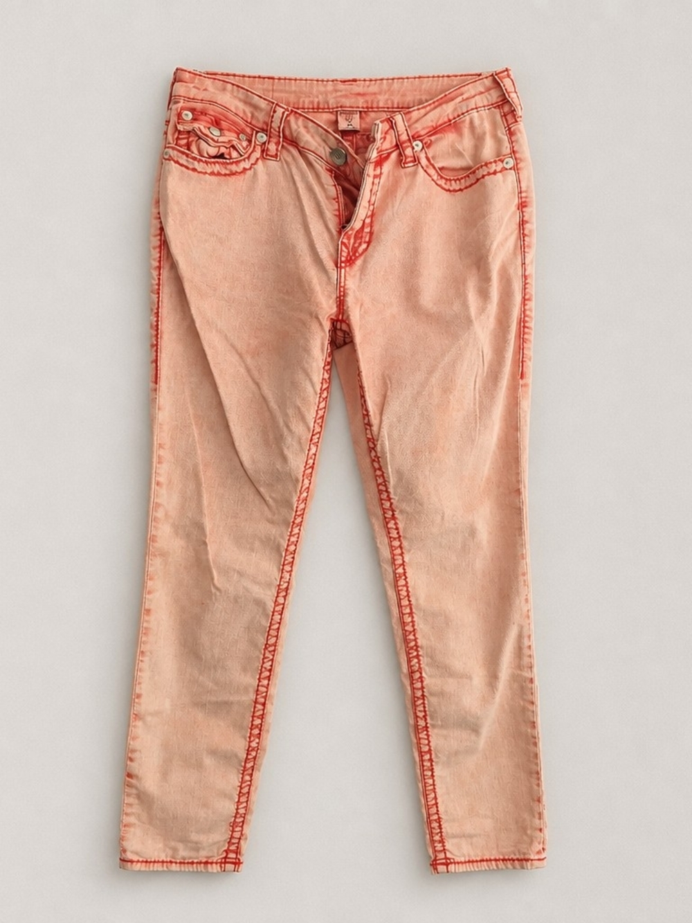 True Religion Big T Skinny Jeans Red Pink Acid Wash Contrast Stitch 31 Stretch - Picture 3 of 12